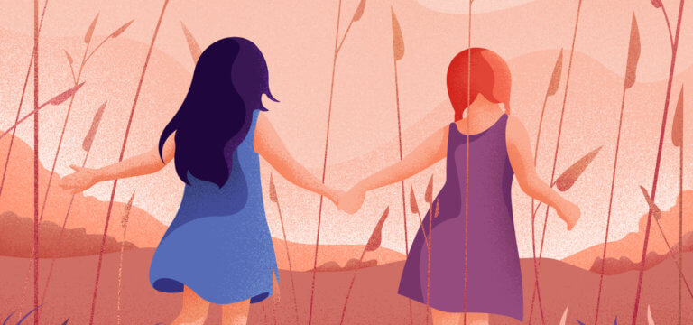 Illustration of two girls holding hands walking through a field.