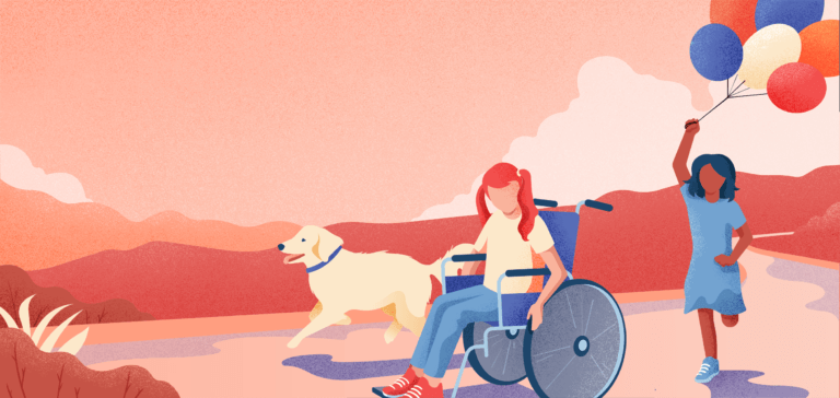 Girl in a wheel chair walking a dog and her friend walking beside her