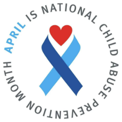 The words "April is national child abuse prevention month" circling a blue ribbon with a heart in the center.