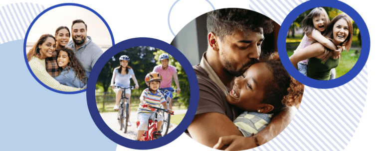 Four circular images of multicultural families with blue circular patterns behind them.