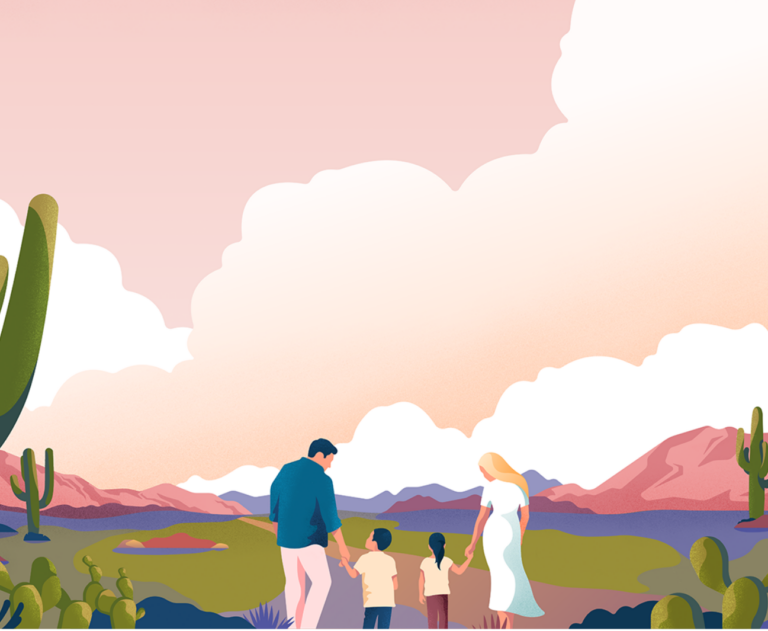 A painting of family walking towards a surreal landscape.