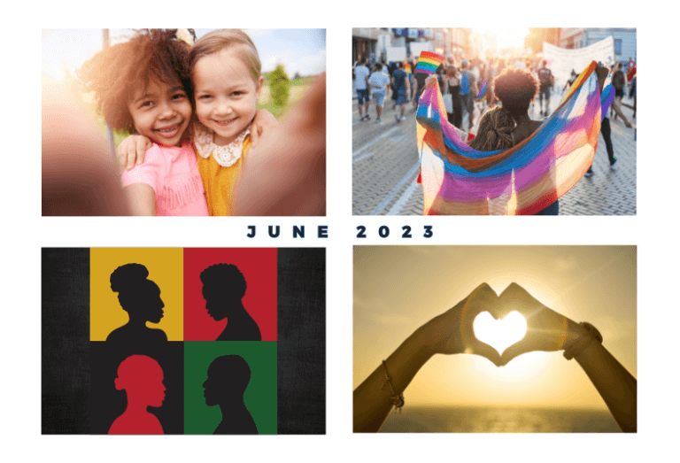 A collage of photos of two children with their arms around each other's shoulders, two people holding a Pride flag behind them, black profile silhouettes against red, green, and yellow backgrounds, and two hands creating a heart in front of the light of the sun.
