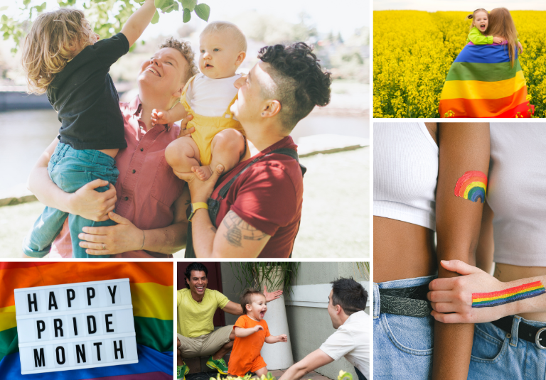 A collage of an image of a queer families, a rainbow flag, a rainbow tattooed on an arm, and a sign that says "Happy Pride Month."