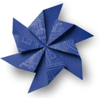Illustration of a blueprint folded into a pinwheel and spinning to indicate PDF conversion and download processing.